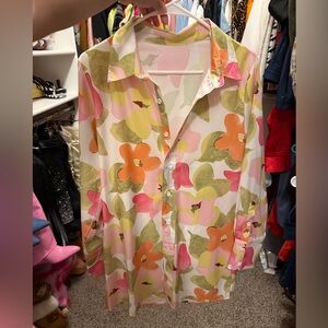 Floral Button-Down Tunic Shirt in Orange, Pink & Olive